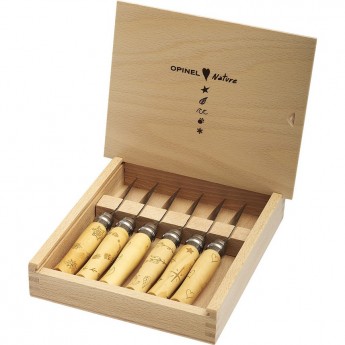 Набор в деревянной коробке из 6 ножей OPINEL №7 NATURE, нержавеющая сталь, рукоять самшит, гравировка 001555 Набор в деревянной коробке из 6 ножей OPINEL №7 NATURE, нержавеющая сталь, рукоять самшит, гравировка 001555